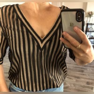 Vintage Black and Nude Striped Silk Lace Mesh V Neck Blouse Galanos XS S